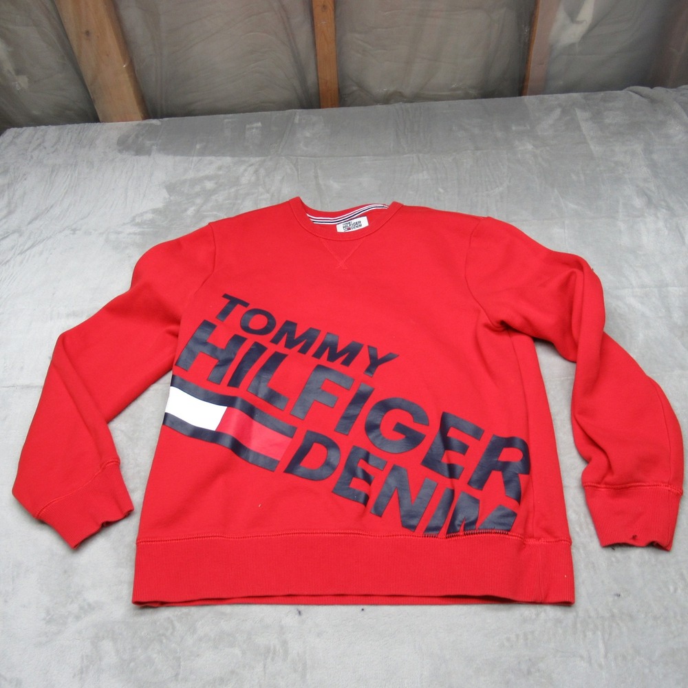 Tommy Hilfiger Denim Sweatshirt Womens Medium Red Graphic Logo Fleece‎ Crewneck
